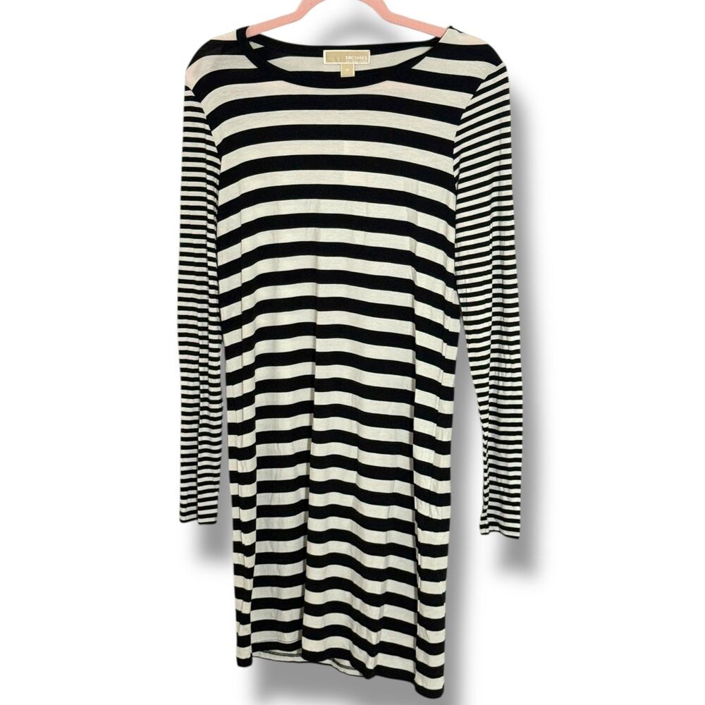 NWT Michael Kors Black White Striped Knit Shift Dress Size M